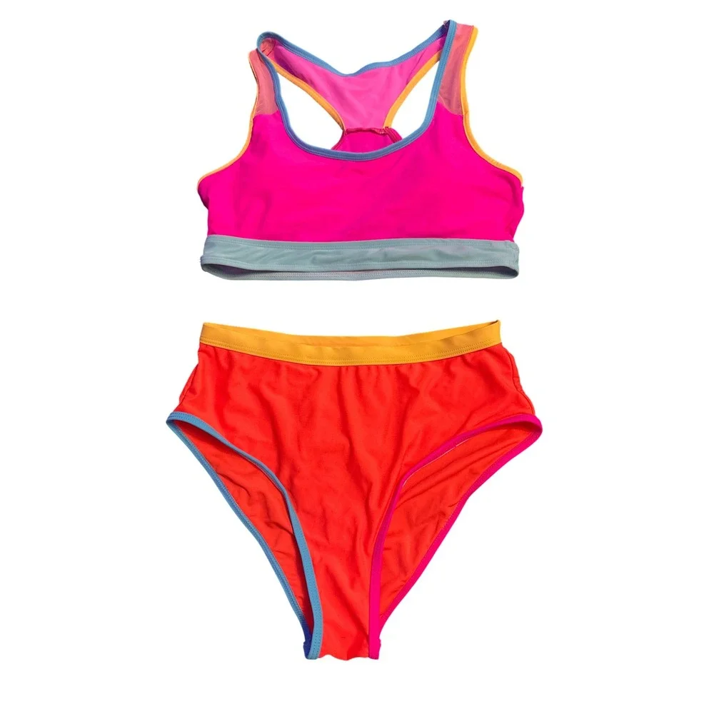 Women's Colorblock Racerback High Waist Bikini Swimsuit Pink Orange Size M